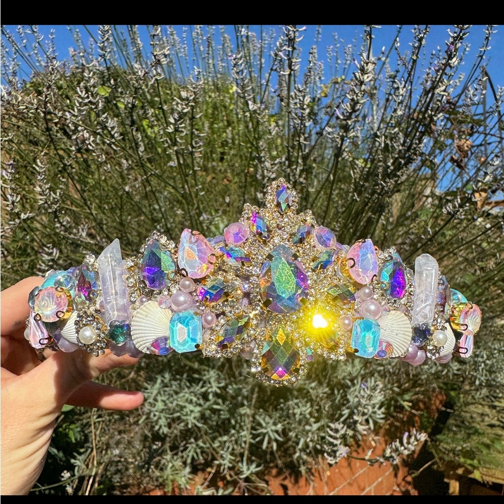 Handmade sea glass, shell & ab quartz crystal mermaid fairy cosplay crown tiara